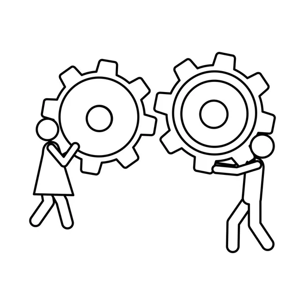 Silhueta pictograma homem e mulher segurando um pinhões — Vetor de Stock