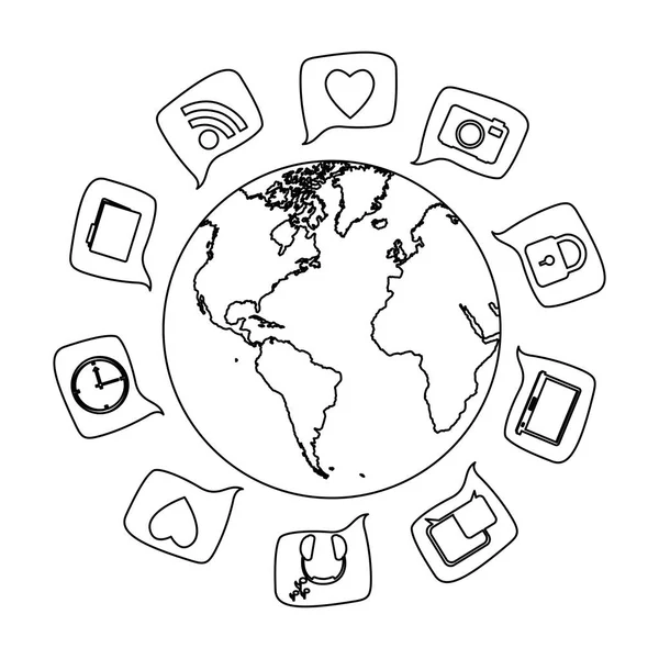 Silhouette globe de carte du monde avec dialogue carré icônes sociales — Image vectorielle