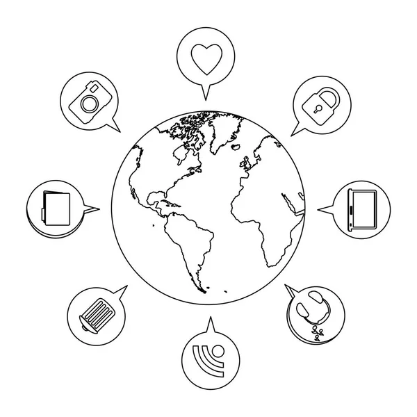 Silhueta mundo terra com diálogo circular ícones sociais — Vetor de Stock