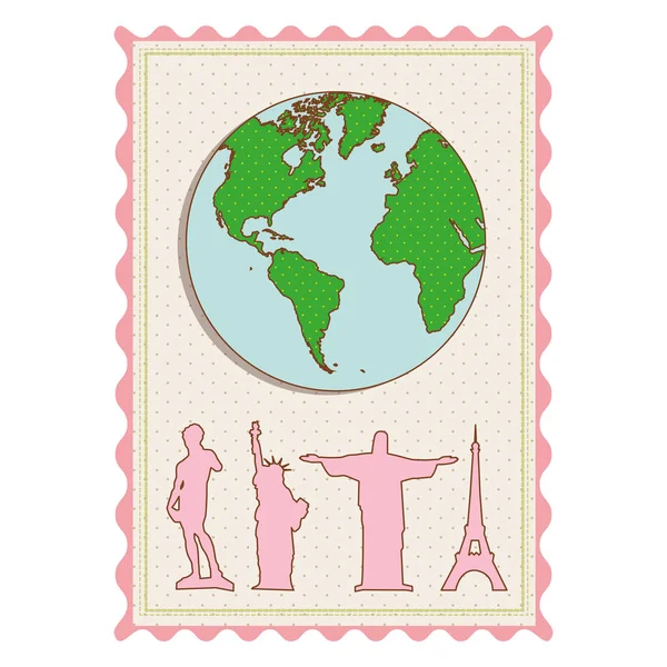 Färg pastell ram med världskartan och uppsättning av världen landmark ikonerna — Stock vektor