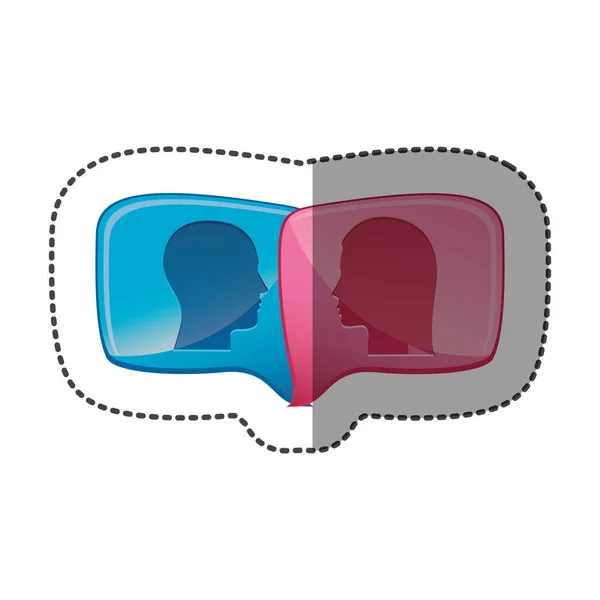 Erkek ve kadın arasındaki diyalog ile etiket renkli rölyef dikdörtgen konuşma — Stok Vektör