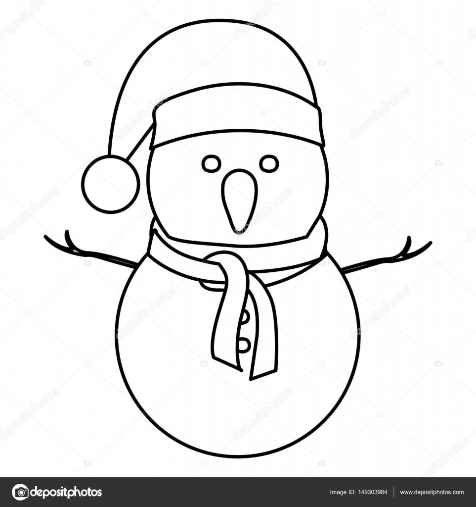 Monocromatico contorno del pupazzo di neve con sciarpa e cappello di Natale — Vettoriale Stock