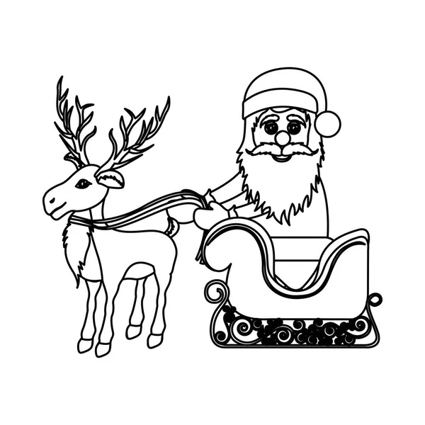 Monochrome silhouette of reindeer with santa claus in sleigh — Stock Vector