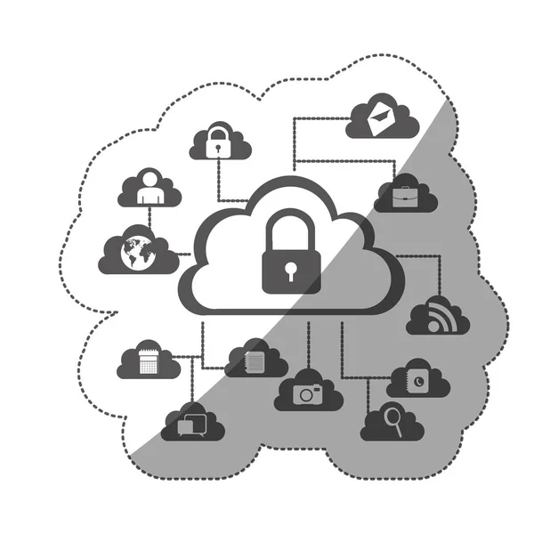 Etiqueta engomada silueta monocromática de diferentes servicios en la nube segura — Archivo Imágenes Vectoriales