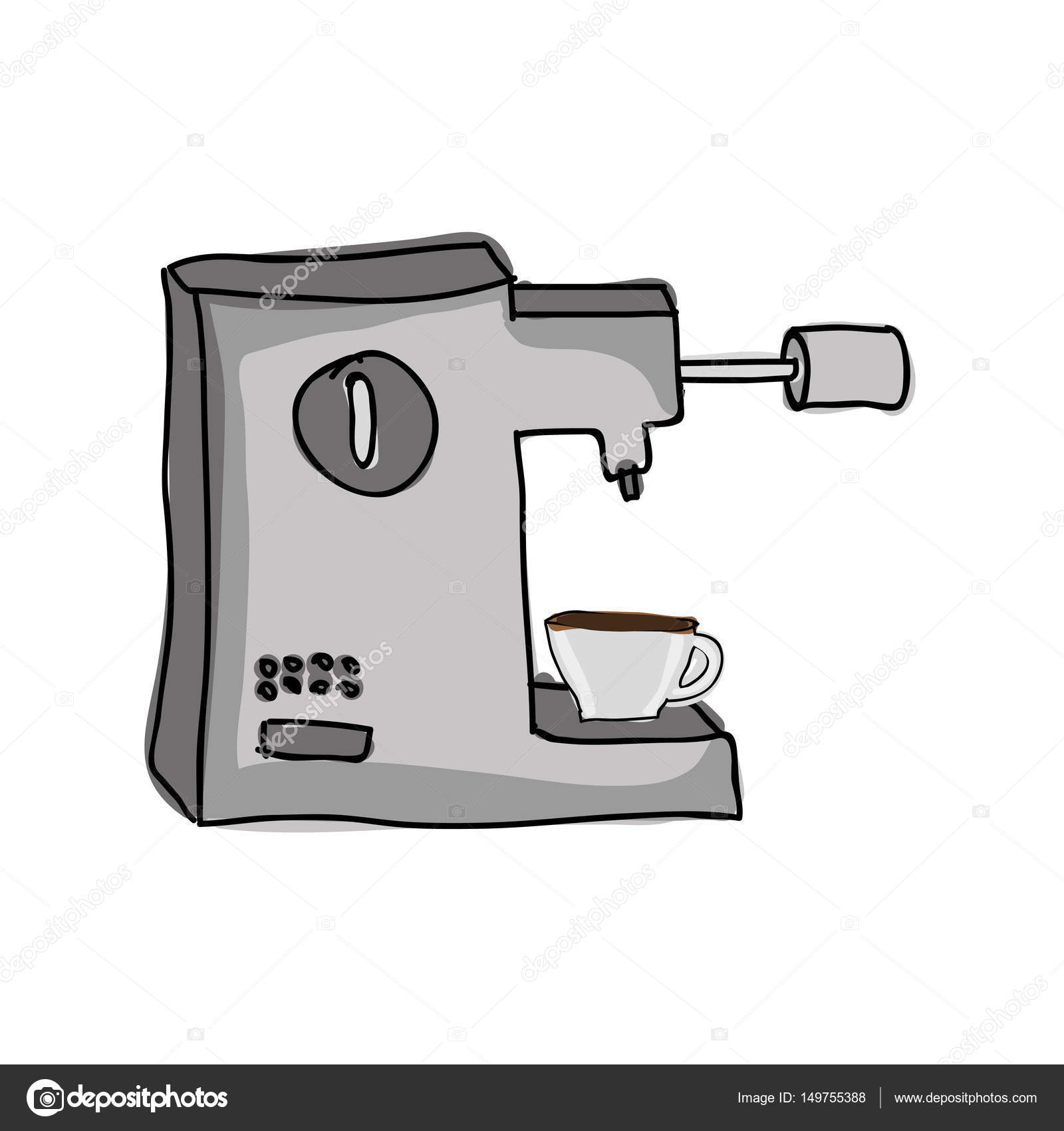 Mano di colore della siluetta disegnata con macchinetta del caff¨ con la tazza di porcellana in illustrazione vettoriale di lato vista — Vettoriali di