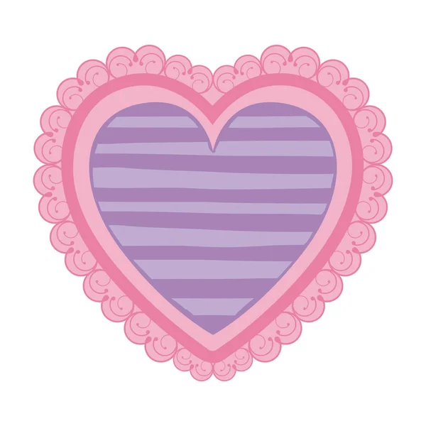 Roze kleur hart vorm Decoratief frame met lila patroon lijnen — Stockvector