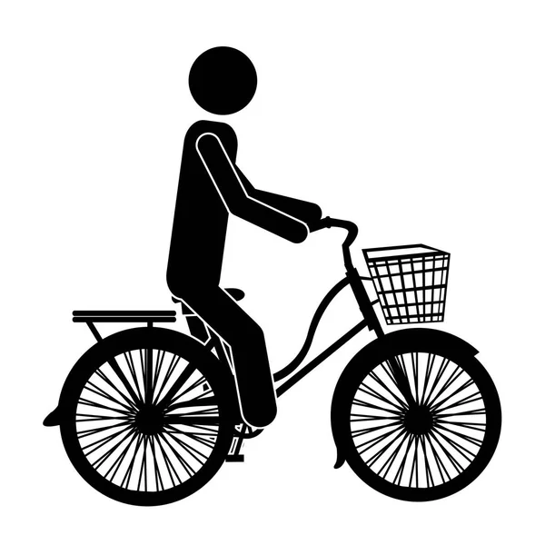 Monochrome pictogram of man in classic bicycle with basket — Stock Vector