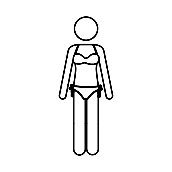 Pictograma contorno monocromo de mujer en bikini y sujetador con tirantes — Vector de stock