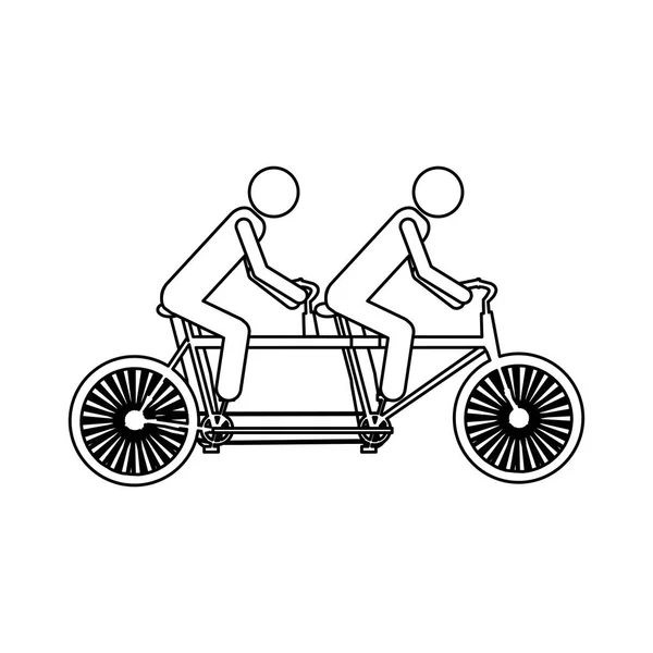 Pictogramme de contour monochrome des hommes en bicyclette tandem — Image vectorielle