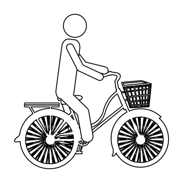 Μονόχρωμη εικονόγραμμα περίγραμμα ανθρώπου στο κλασσικό ποδήλατο με καλάθι — Διανυσματικό Αρχείο