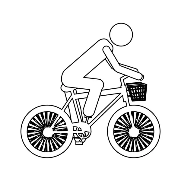 Pictogramme de contour monochrome de l'homme en vélo de sport avec panier — Image vectorielle