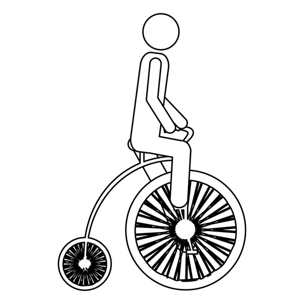 Monochrome contour pictogram of man in penny farthing — Stock Vector