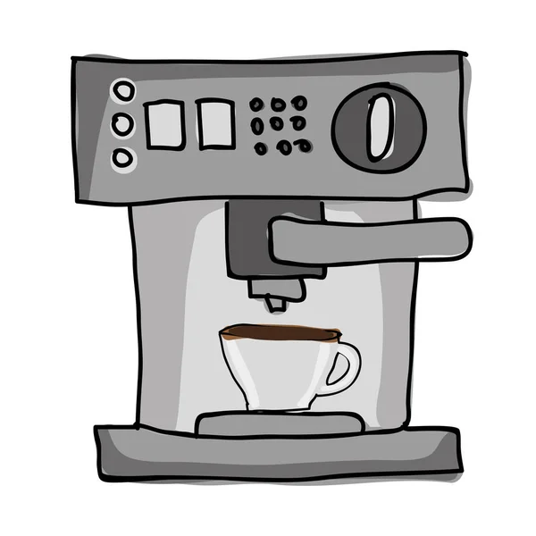 Silueta barvu ručně tažené s kávovar s porcelánovým cup v přední pohled — Stockový vektor