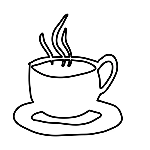 Mão contorno monocromático desenhado de xícara de café quente no prato —  Vetores de Stock