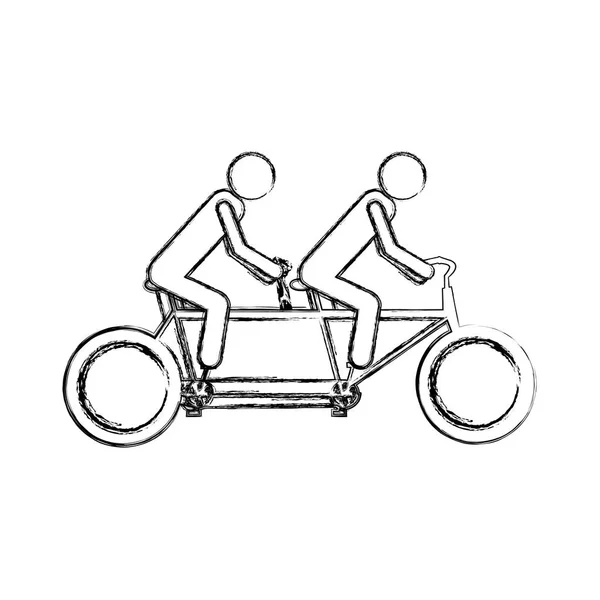 Monochrome sketch pictogram of men in tandem bicycle — Stock Vector