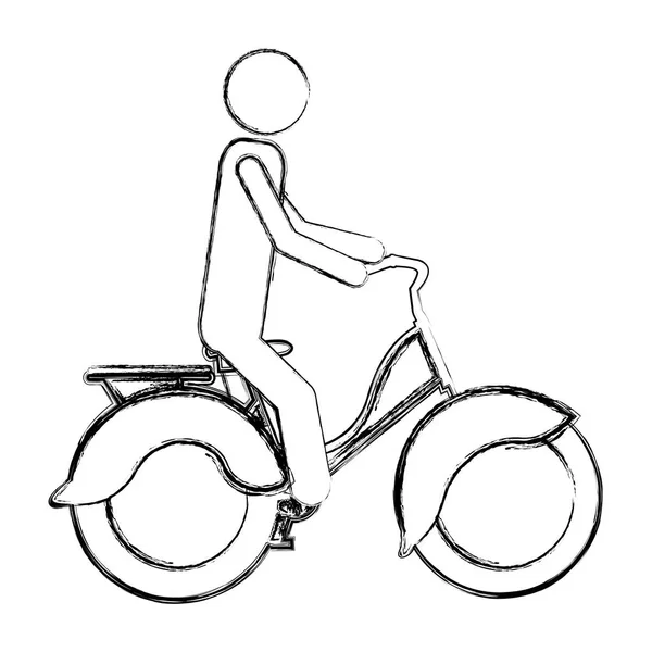 Pictogramme croquis monochrome de l'homme en vélo classique avec panier — Image vectorielle