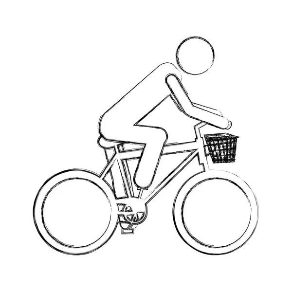 Monochrome sketch pictogram of man in sport bike with basket — Stock Vector