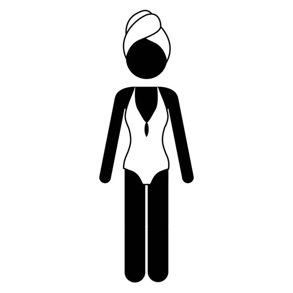 ワンピース型の水着の女、頭にタオルのモノクロのピクトグラム — ストックベクタ