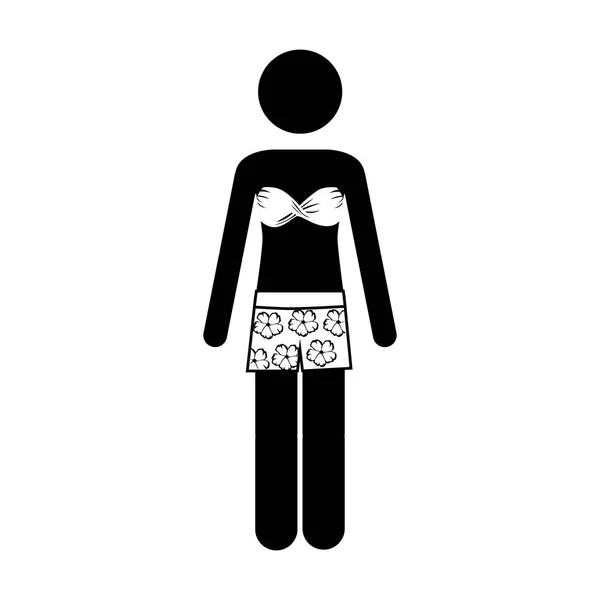 Pictograma monocromático de mulher em calças curtas florais e sutiã — Vetor de Stock