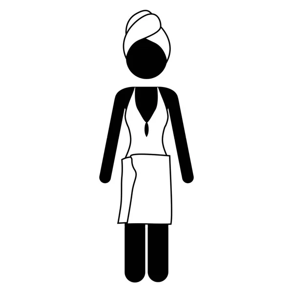 Monochromes Piktogramm einer Frau im einteiligen Badeanzug mit Handtuch in Kopf und Taille — Stockvektor