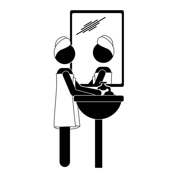 Pictograma monocromático de la mujer en el lavabo — Vector de stock