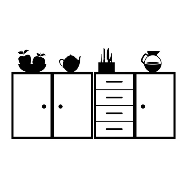 Monokrom silhuetten av kök hylla och lådor och vattenkokare och kaffe burk — Stock vektor
