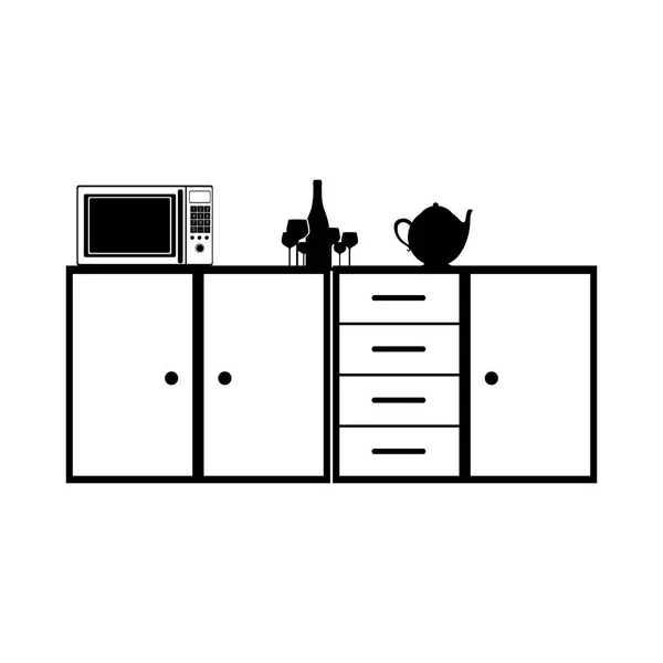 Silhouette monochrome d'étagère de cuisine et tiroirs et bouilloire à thé et micro-ondes — Image vectorielle