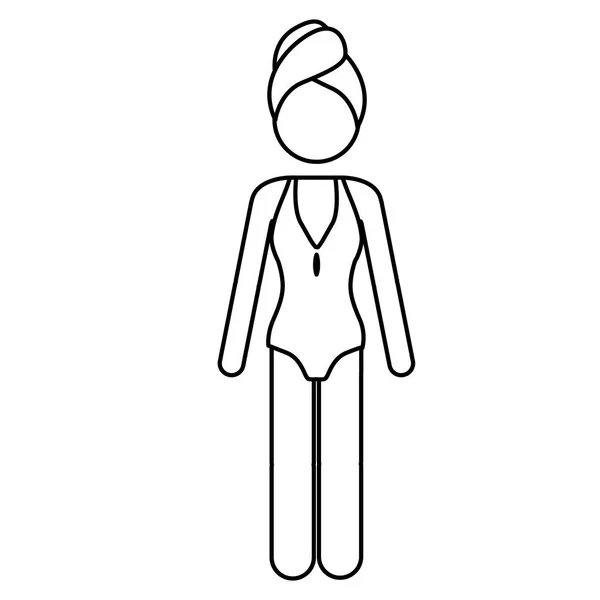ワンピース型の水着の女、頭にタオルの白黒コンター ピクトグラム — ストックベクタ