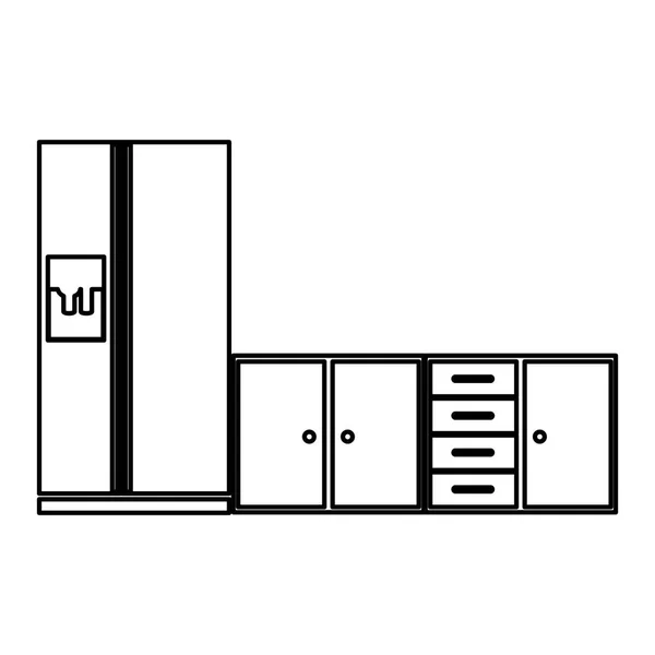 Монохромный контур нижних кухонных шкафов с холодильником — стоковый вектор