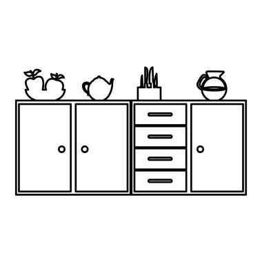 Silhouette mutfak raf ve çekmeceler ve çay çaydanlık ve kahve kavanoz