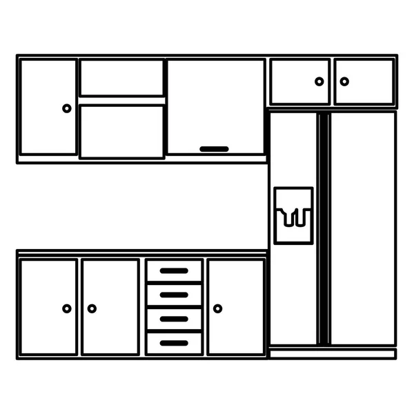 Croquis silhouette cuisine intérieur avec armoires et réfrigérateur — Image vectorielle