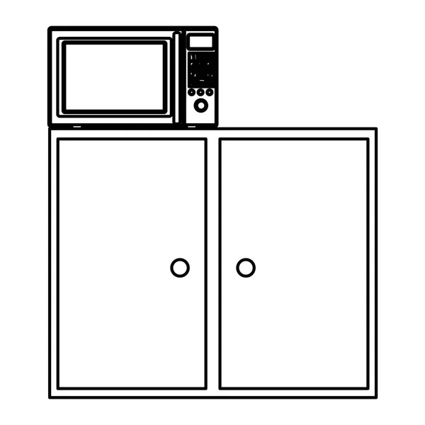 Sziluettjét fiókokat, mikrohullámú sütő és konyhai polc — Stock Vector