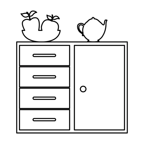 Silhouette d'étagère de cuisine et tiroirs avec bouilloire à thé et fruits — Image vectorielle