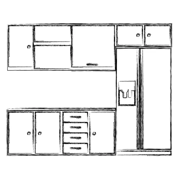 Silueta borrosa interior de la cocina con armarios y nevera — Vector de stock