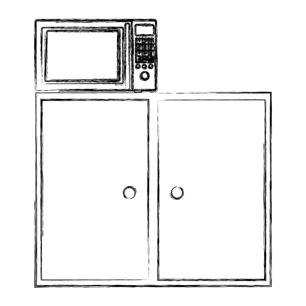 Niewyraźne sylwetki kuchnia półki i szuflady, kuchenka mikrofalowa — Wektor stockowy