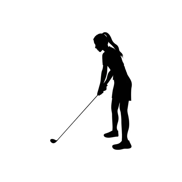 Zwarte silhouet meisje golfen in positie — Stockvector