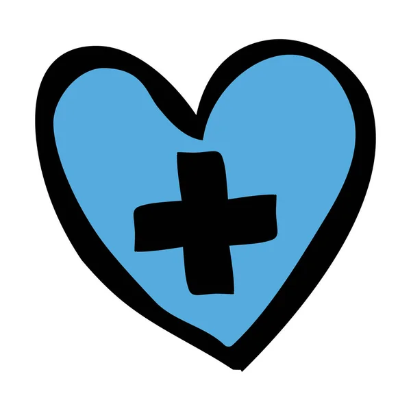Color silueta dibujada a mano de corazón azul con cruz en el interior — Archivo Imágenes Vectoriales