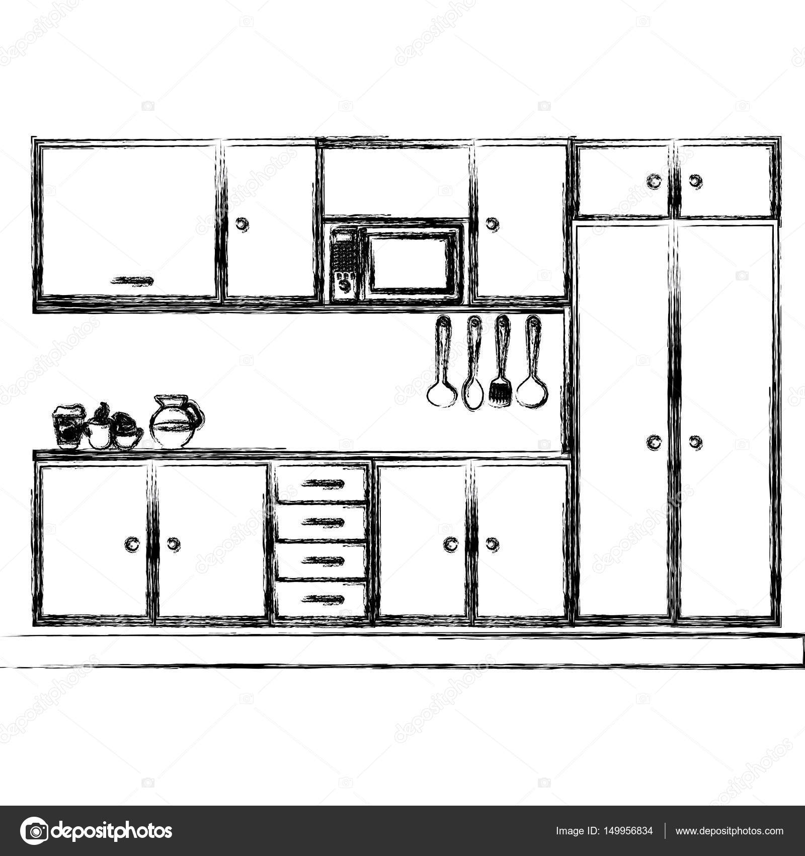 Monochrome Sketch Of Modern Kitchen Cabinets Stock Vector