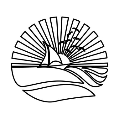 siluet dairesel arka plan günbatımı okyanus tekne ve martılar