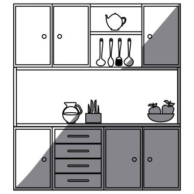 tek renkli mutfak dolapları mutfak eşyaları ile silüeti