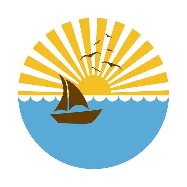 Colorido fondo circular puesta de sol en el océano con barco sobre las olas — Vector de stock