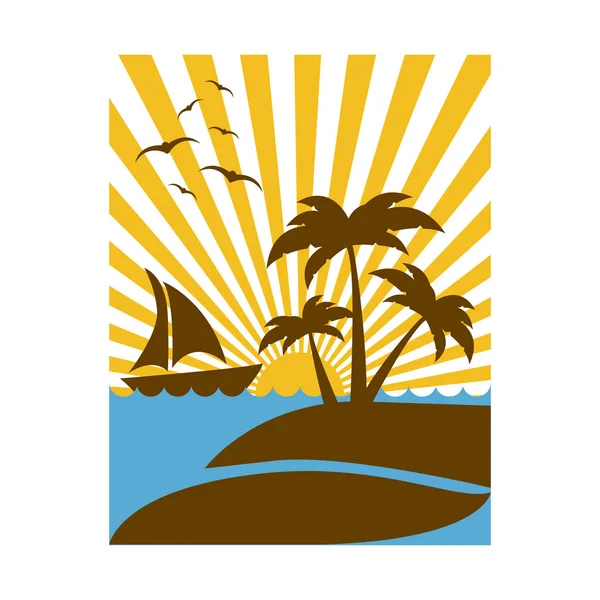 Färgglada rektangulär bakgrund sunset med strand och båt — Stock vektor