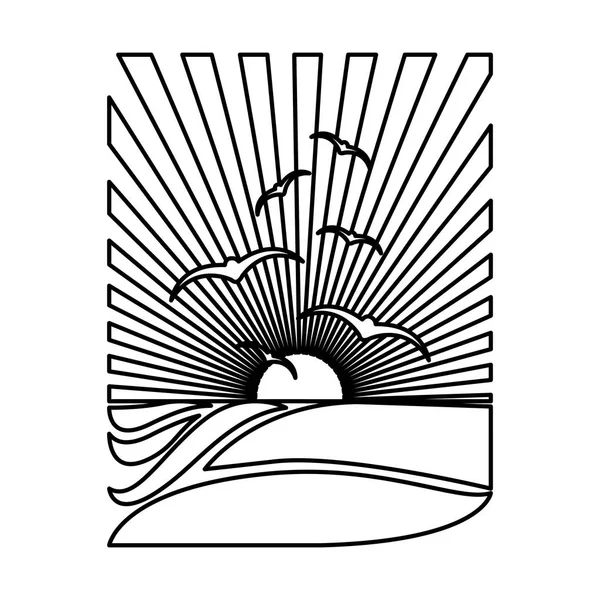 Silhouette rectangulaire fond coucher de soleil dans l'océan avec goélands — Image vectorielle