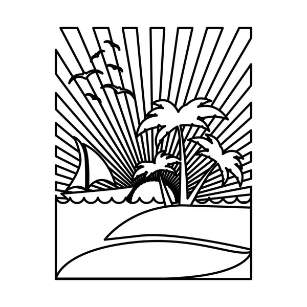 Silhueta retangular fundo por do sol com praia e barco — Vetor de Stock