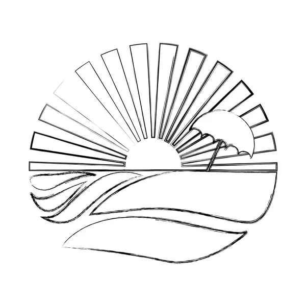ぼやけたシルエット円形の背景サンセット ビーチと傘 — ストックベクタ