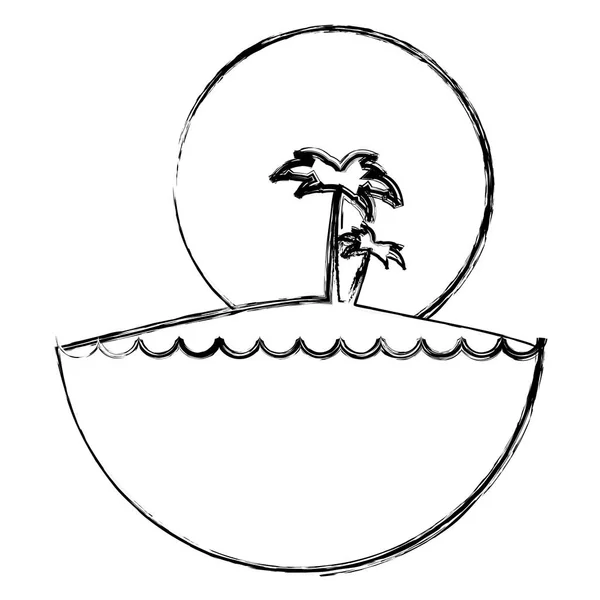 Niewyraźne sylwetka zachód słońca na Oceanie z wyspy i palmy ikona — Wektor stockowy