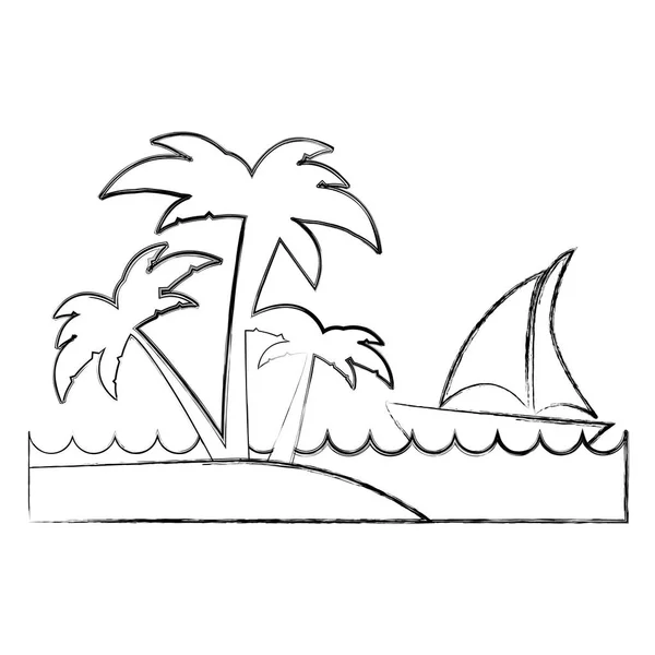 Contorno de fundo monocromático de praia com palmas e barco — Vetor de Stock