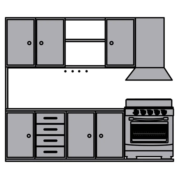 Silhouette en niveaux de gris des armoires de cuisine avec cuisinière et four — Image vectorielle