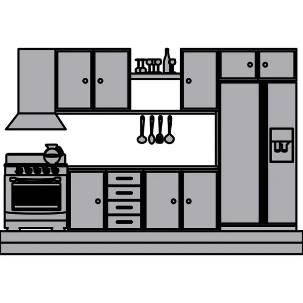 Graustufensilhouette von Küchenschränken mit Herd und Kühlschrank — Stockvektor