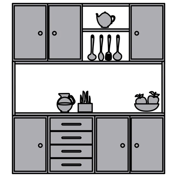 Grayscale silhouette of kitchen cabinets with utensils — Stock Vector